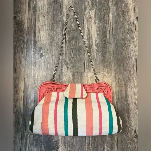 Talbots Striped Wicker and Canvas Bag with Chain Crossbody Strap Summer Bag - Picture 1 of 6